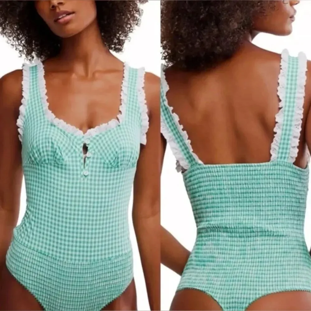 Free People Green Gingham Lace Bodysuit
